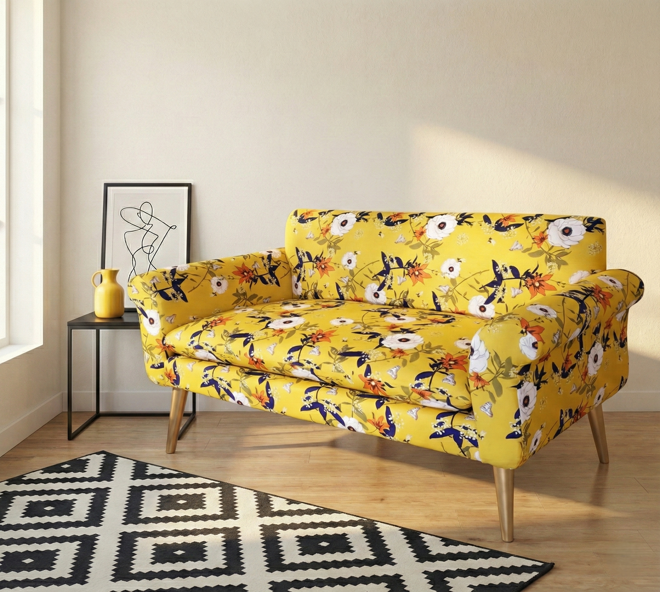 Yellow Floral Two Seater Sofa