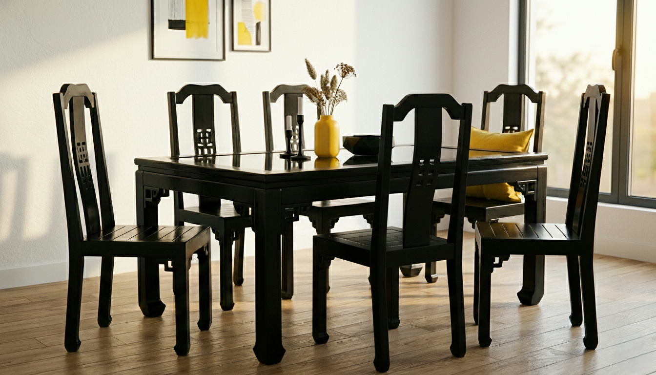 Black Modern Antique Dining Set - 6 Seater Sheesham with Glass Top