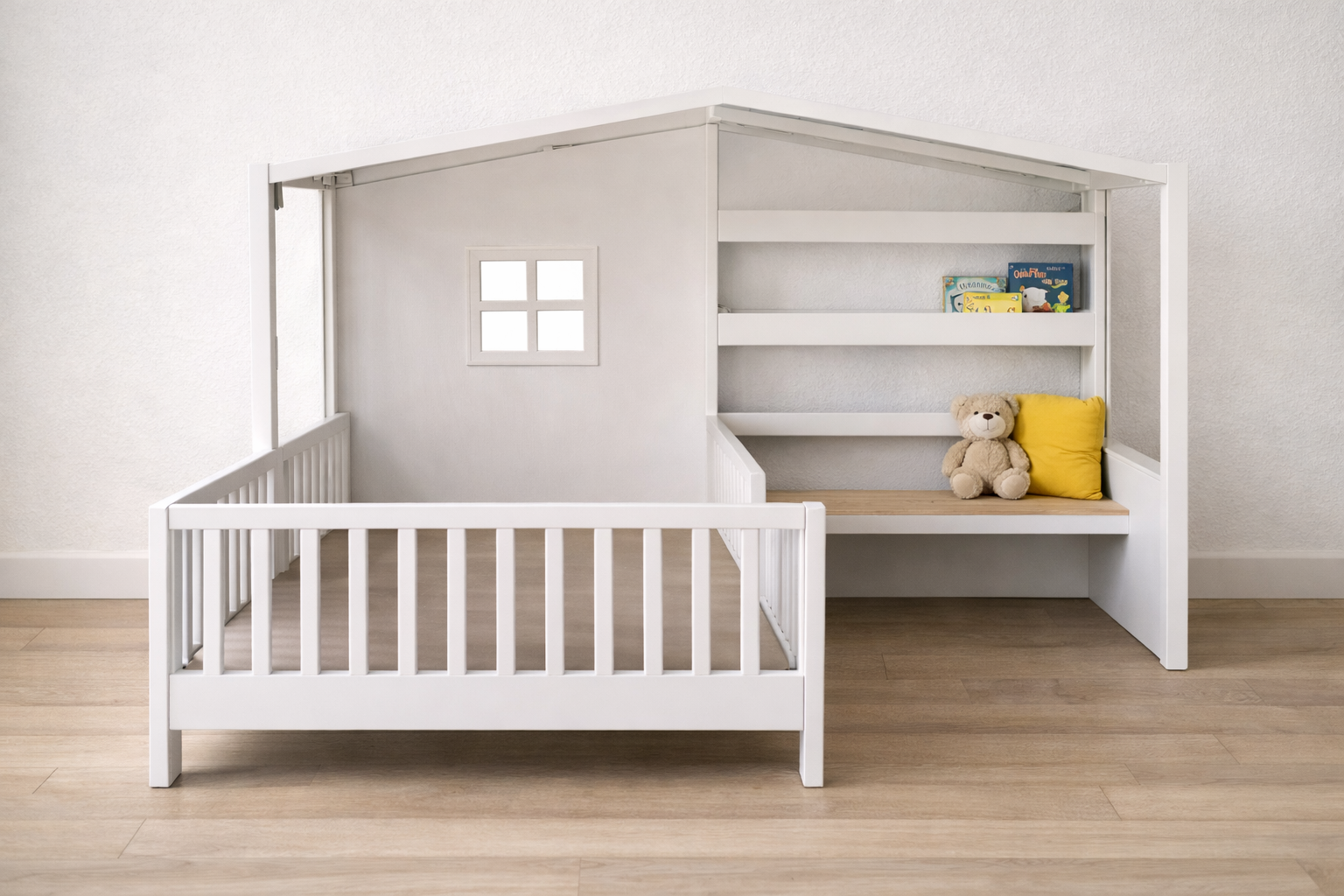 The Kid Playhouse Bed - Fortress Bed with Built-In Seat & Shelves