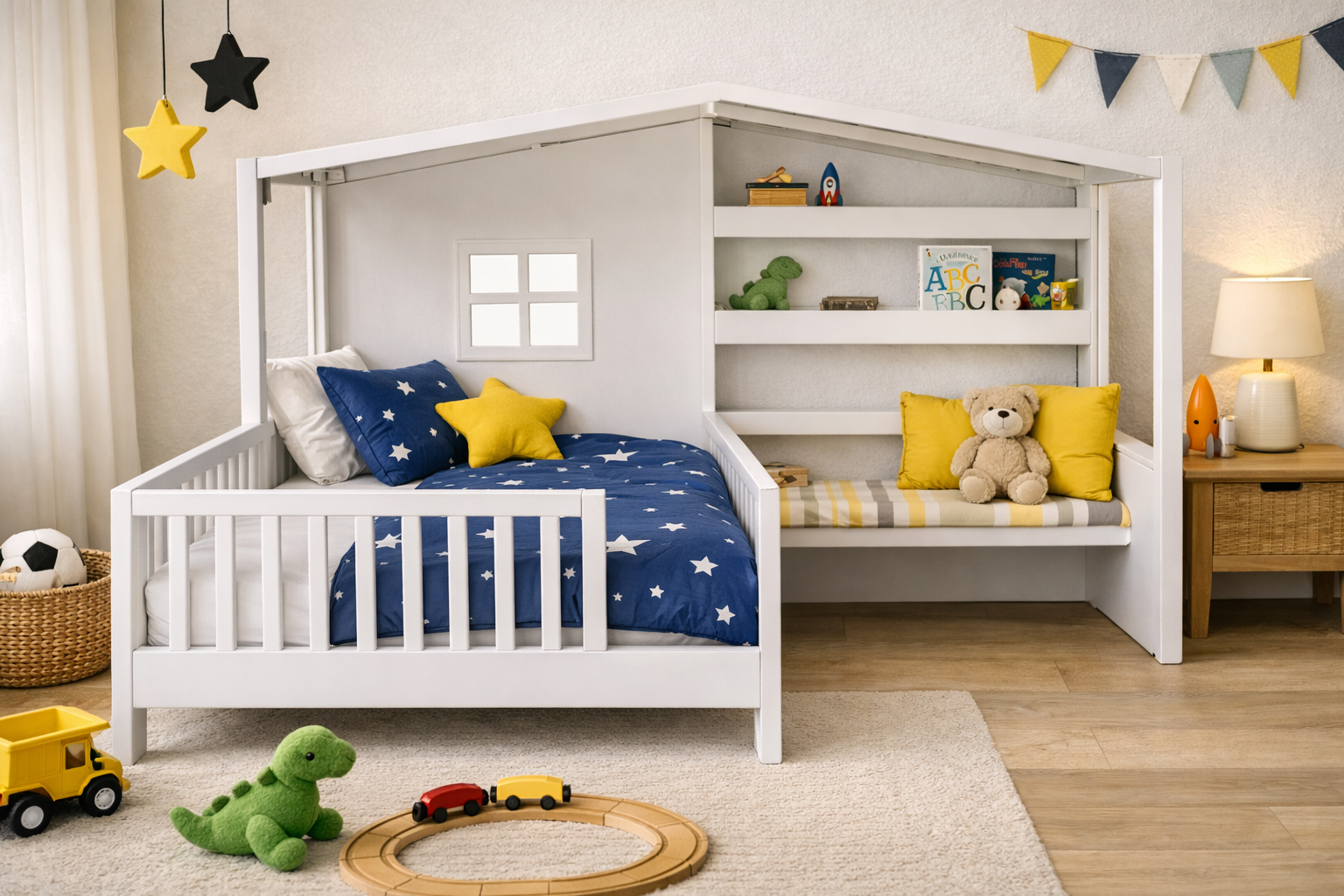 The Kid Playhouse Bed - Fortress Bed with Built-In Seat & Shelves