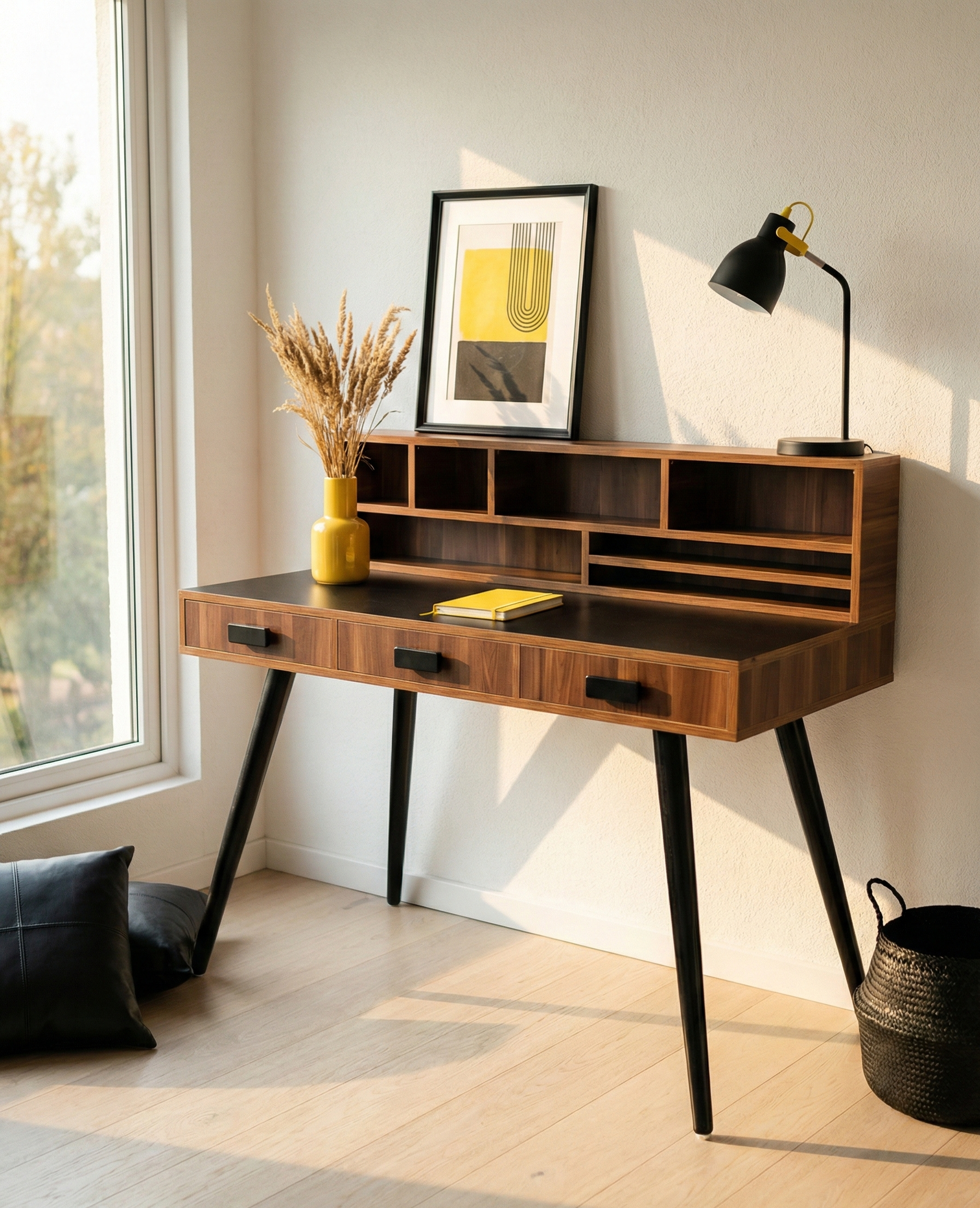 Oak Study Table - Wood Texture Top with Black Gloss Legs