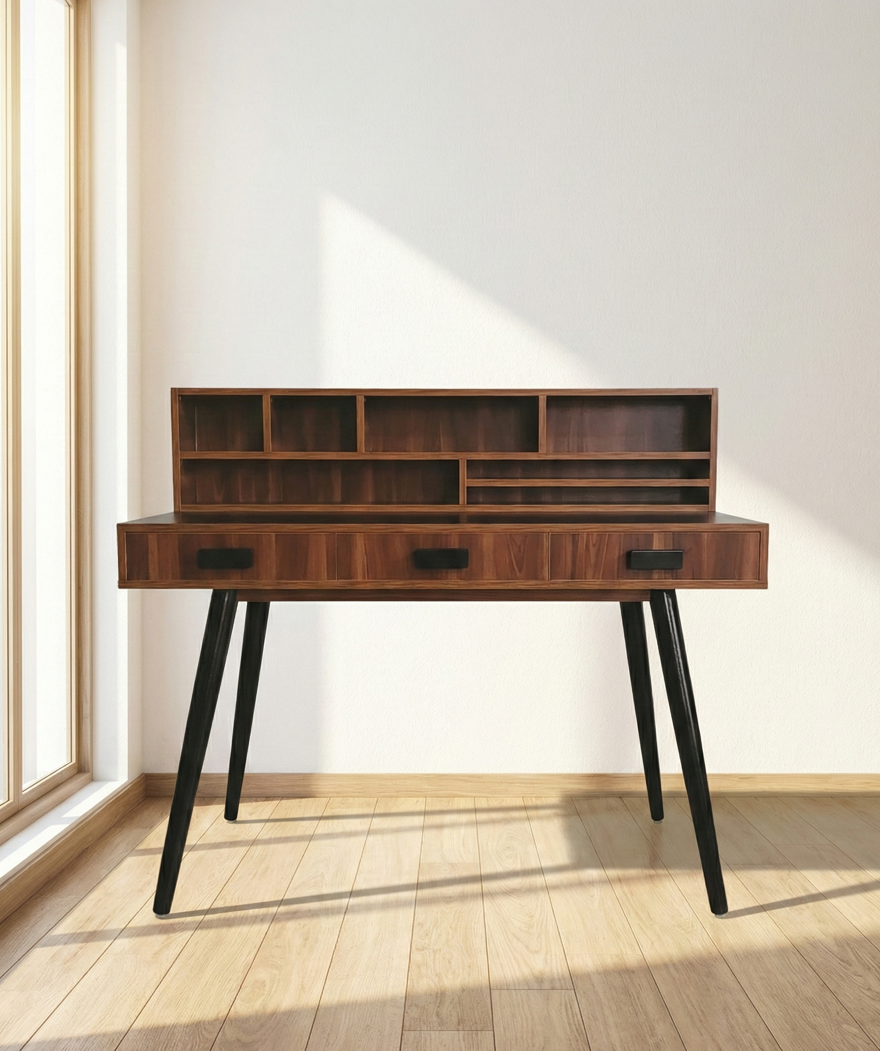 Oak Study Table - Wood Texture Top with Black Gloss Legs