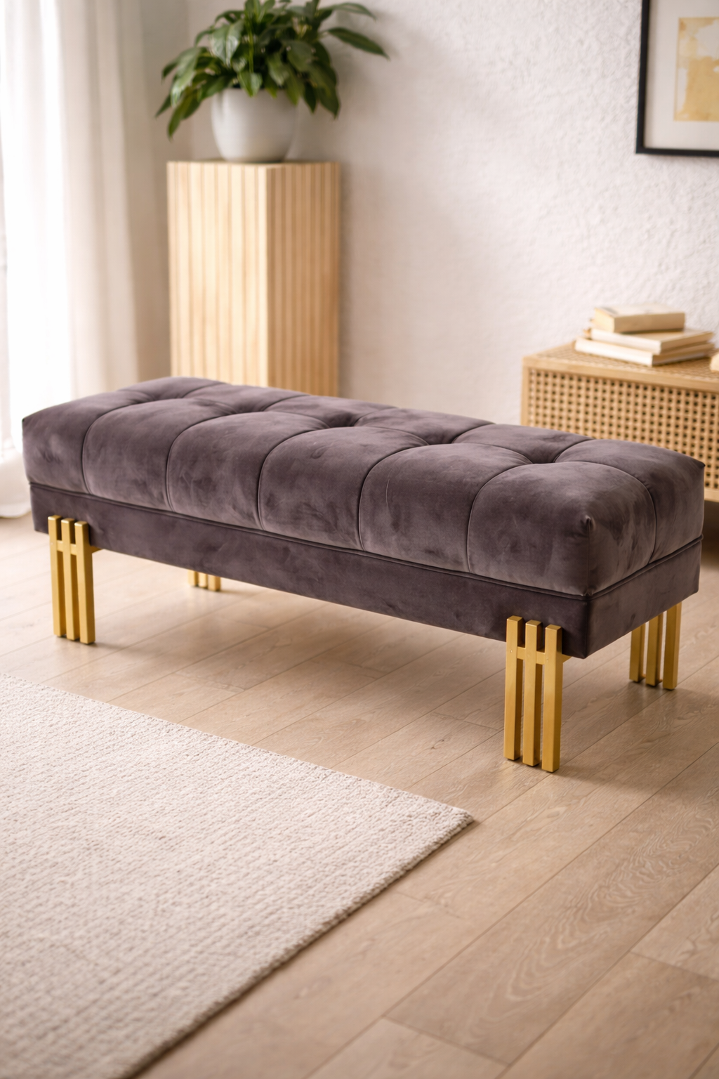 Suede and Gold Bench - Hotel-Style Luxury Seating